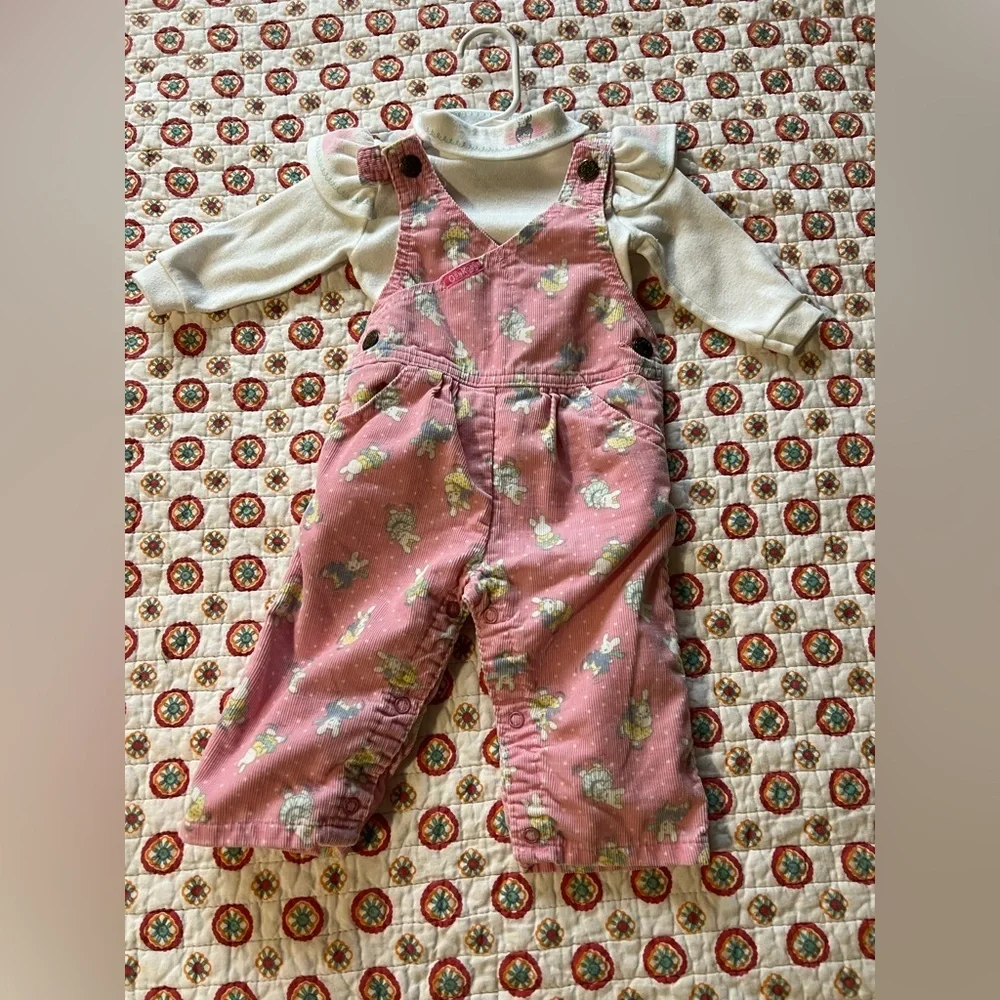 Vintage RARE Oshkosh Bgosh Corduroy Overalls Easter Rabbit SET size 6-9 months